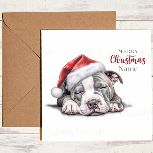 American Staffordshire Terrier Sleeping in Santa Hat | Christmas Card | Christmas Card