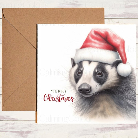 Badger Wearing a Santa Hat | Christmas Card | Christmas Card
