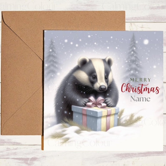 Badger with Present | Christmas Card | Christmas Card