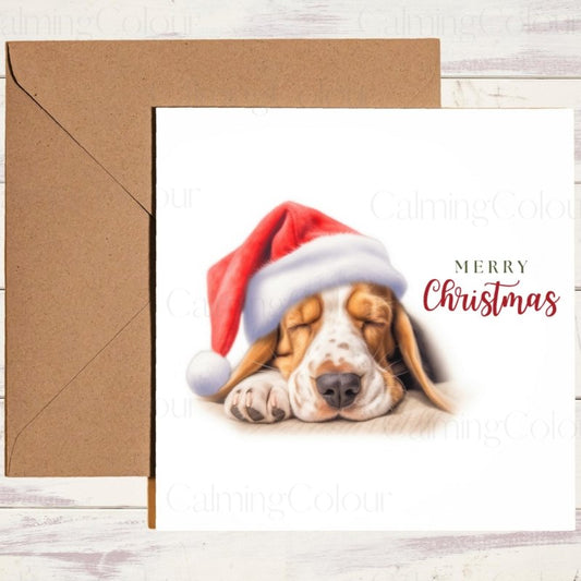 Basset Hound Asleep in Santa Hat | Christmas Card | Christmas Card