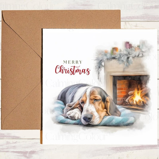 Basset Hound by Fireplace | Christmas Greeting Card | Christmas Card