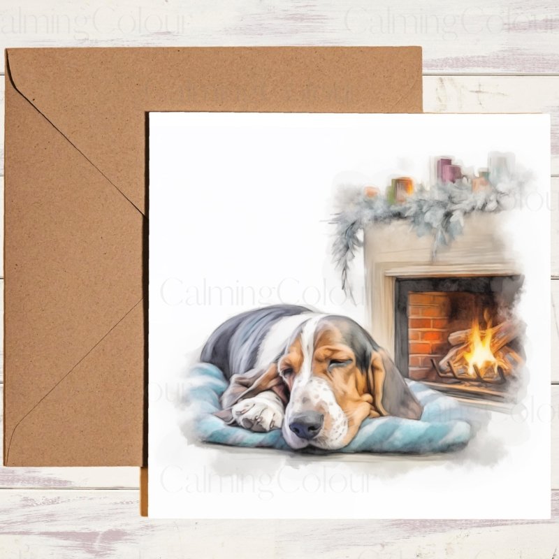 Basset Hound by Fireplace | Christmas Greeting Card | Christmas Card