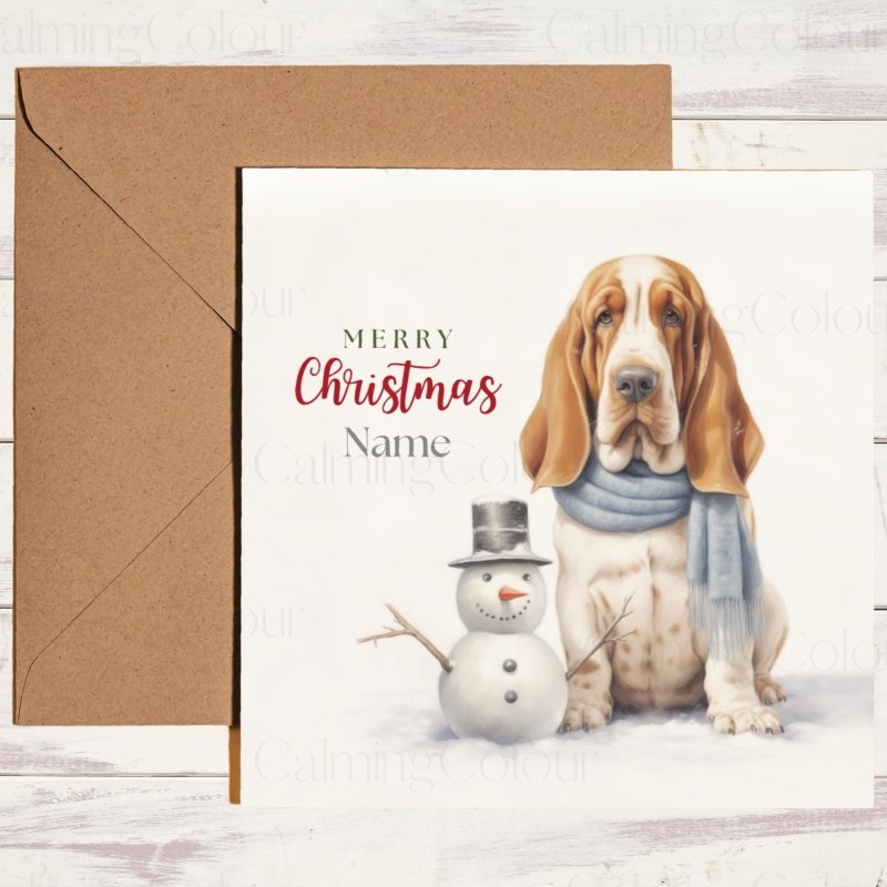 Basset Hound Christmas Card | Snowy Snowman Scene | Christmas Card