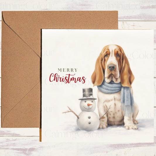 Basset Hound Christmas Card | Snowy Snowman Scene | Christmas Card