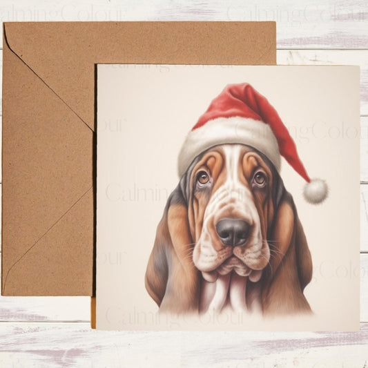 Basset Hound Christmas Card with Santa Hat | Christmas Card