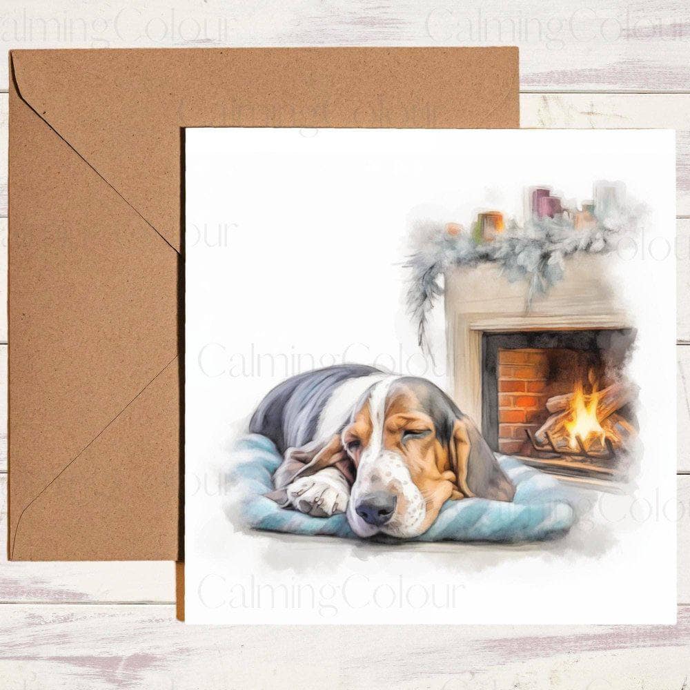 Basset Hound next to cozy fire | Christmas Card | Christmas Card