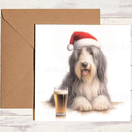 Bearded Collie enjoying a Pint | Christmas Card | Christmas Card