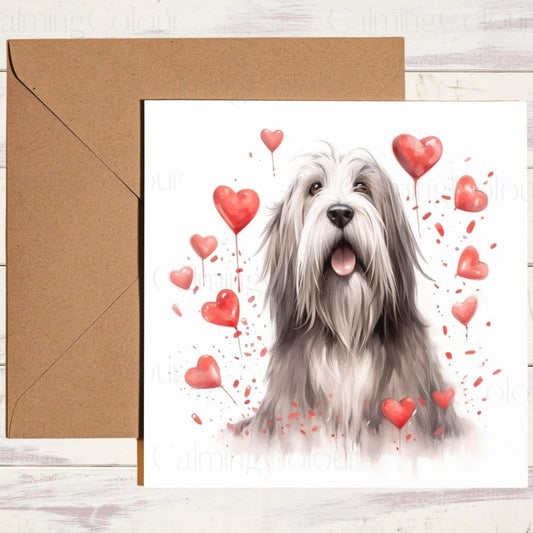Bearded Collie with Red Hearts | Valentine's Card | With Love | Valentine's Day