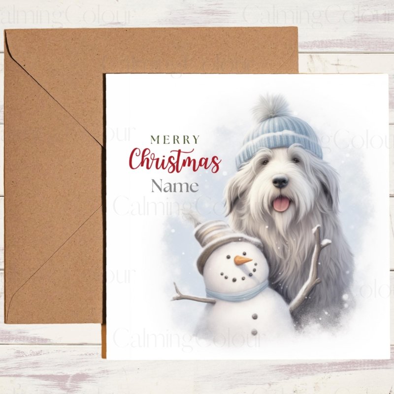 Bearded Collie with Snowman | Personalised Christmas Card | Christmas Card
