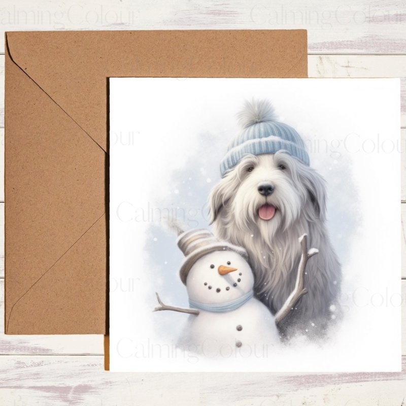 Bearded Collie with Snowman | Personalised Christmas Card | Christmas Card