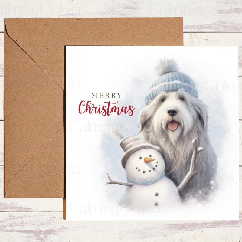 Bearded Collie with Snowman | Personalised Christmas Card | Christmas Card