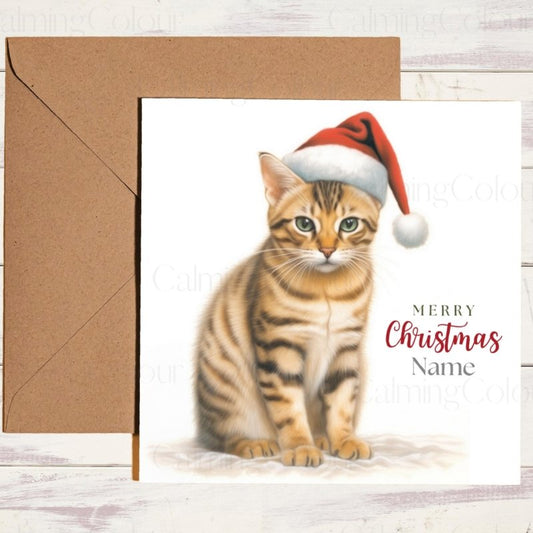 Bengal Cat with Red Christmas Hat | Greeting Card | Christmas Card