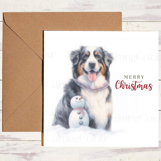 Bernese Mountain Dog Beside Snowman | Christmas Card | Christmas Card