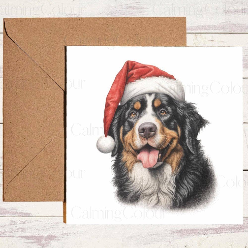 Bernese Mountain Dog Smiling with Red Santa Hat | Christmas Card | Christmas Card