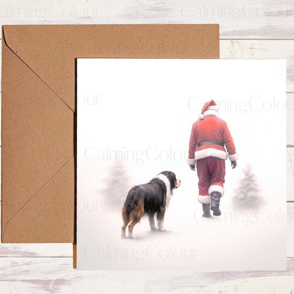 Bernese Mountain Dog Walking With Santa | Christmas Card | Christmas Card