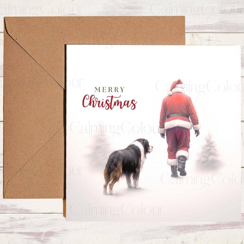 Bernese Mountain Dog Walking With Santa | Christmas Card | Christmas Card