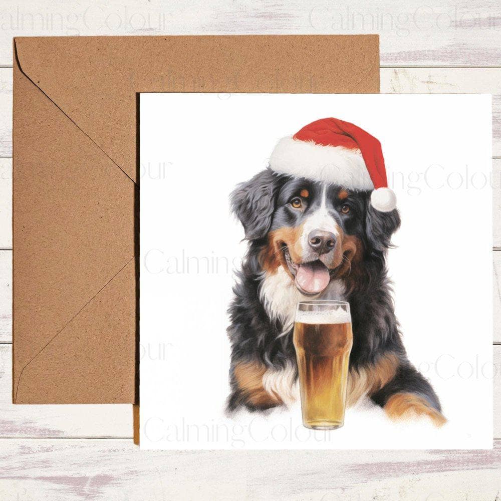 Bernese Mountain Dog with a Pint and Red Santa Hat | Christmas Card | Christmas Card