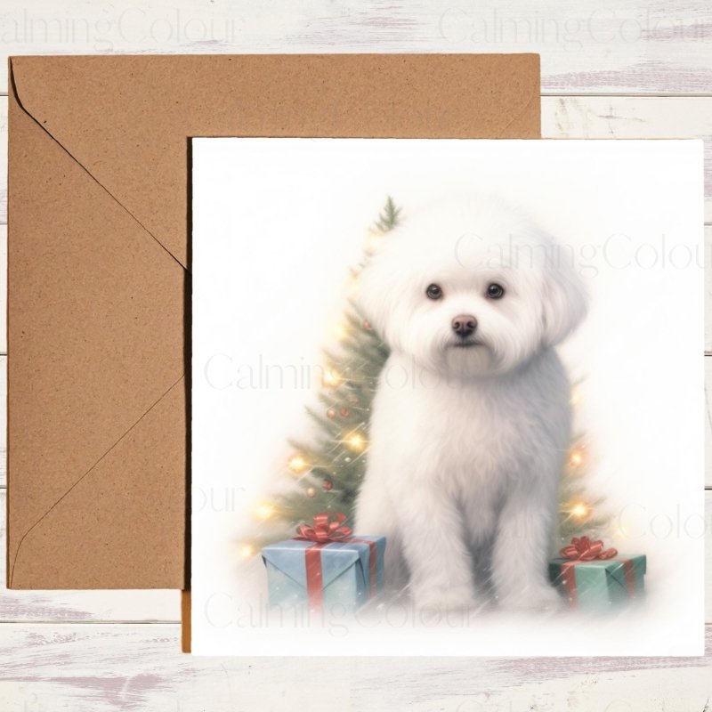 Bichon Frise by Christmas Tree | Festive Greeting Card | Christmas Card