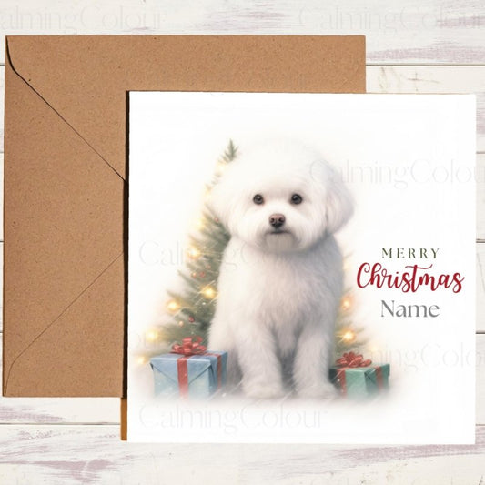 Bichon Frise by Christmas Tree | Festive Greeting Card | Christmas Card