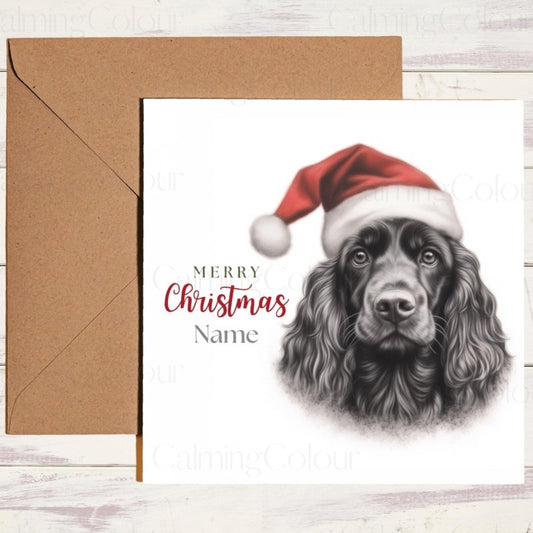 Black Cocker Spaniel | Red Santa Hat Christmas Card | Christmas Card