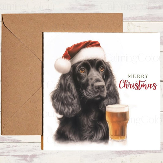 Black Cocker Spaniel with Pint | Christmas Greeting Card | Christmas Card