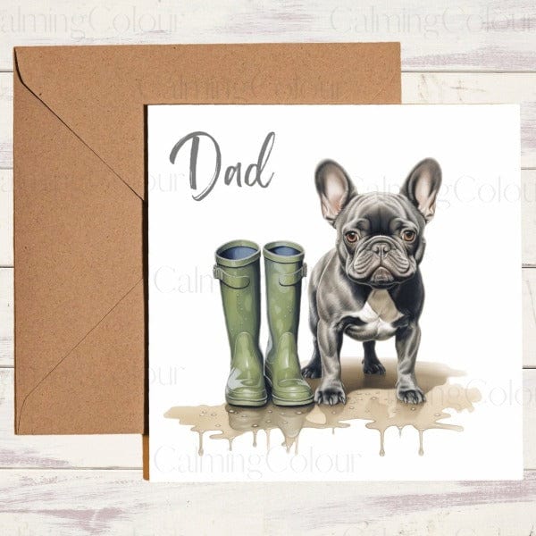 Black French Bulldog | Green Wellingtons | Father's Day Card | Calming Colour