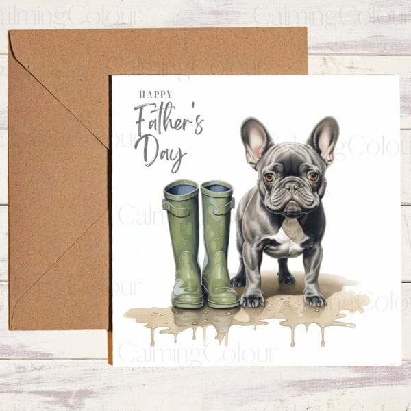 Black French Bulldog | Green Wellingtons | Father's Day Card | Calming Colour