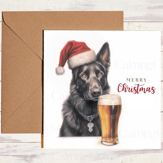Black German Shepherd with Santa Hat and Pint | Christmas Card | Christmas Card