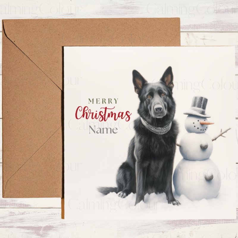 Black German Shepherd with Snowman | Christmas Card | Christmas Card
