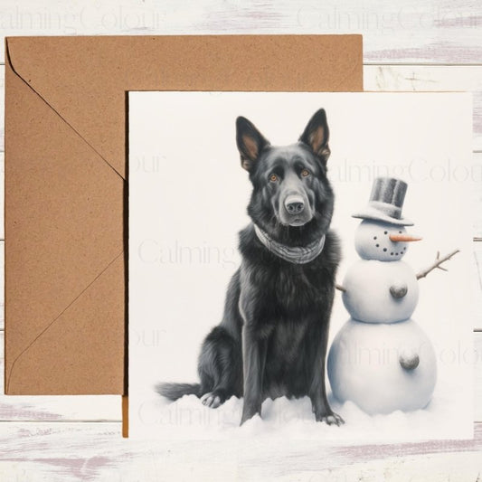 Black German Shepherd with Snowman | Christmas Card | Christmas Card