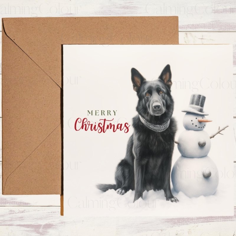 Black German Shepherd with Snowman | Christmas Card | Christmas Card