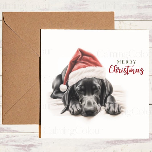 Black Great Dane Asleep in Santa Hat | Christmas Card | Christmas Card