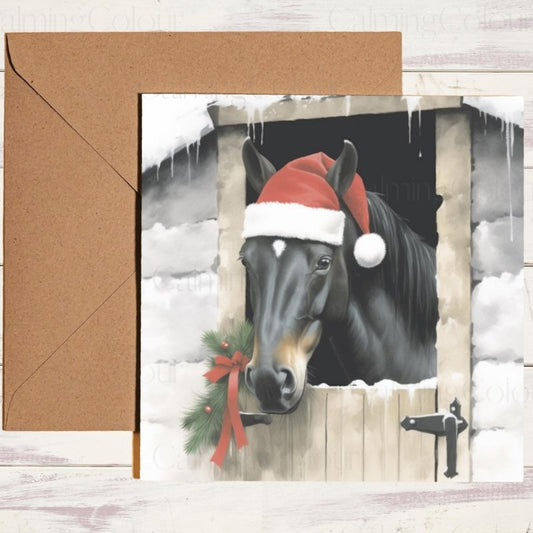 Black Horse in Snowy Stable | Christmas Greeting Card | Christmas Card