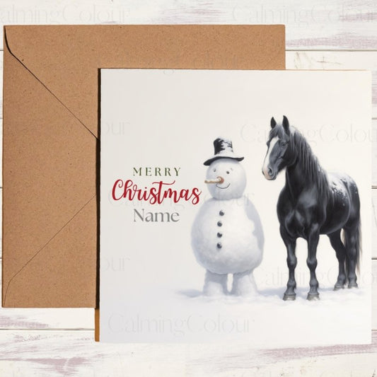 Black Horse with Snowman | Christmas Card | Christmas Card