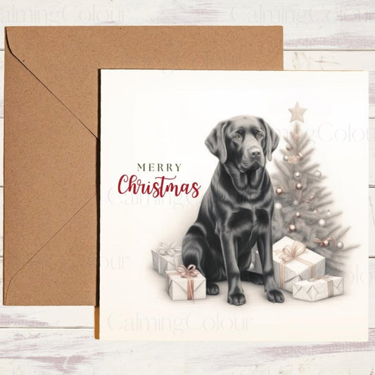 Black Labrador by Christmas Tree | Christmas Card | Christmas Card