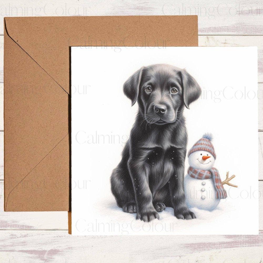 Black Labrador Puppy with an Cute Mini Snowman | Christmas Card | Christmas Card