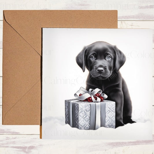 Black Labrador Puppy with Festive Gift | Christmas Card | Christmas Card