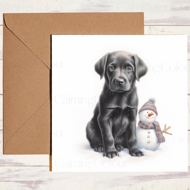 Black Labrador Puppy with Snowman | Christmas Card | Christmas Card