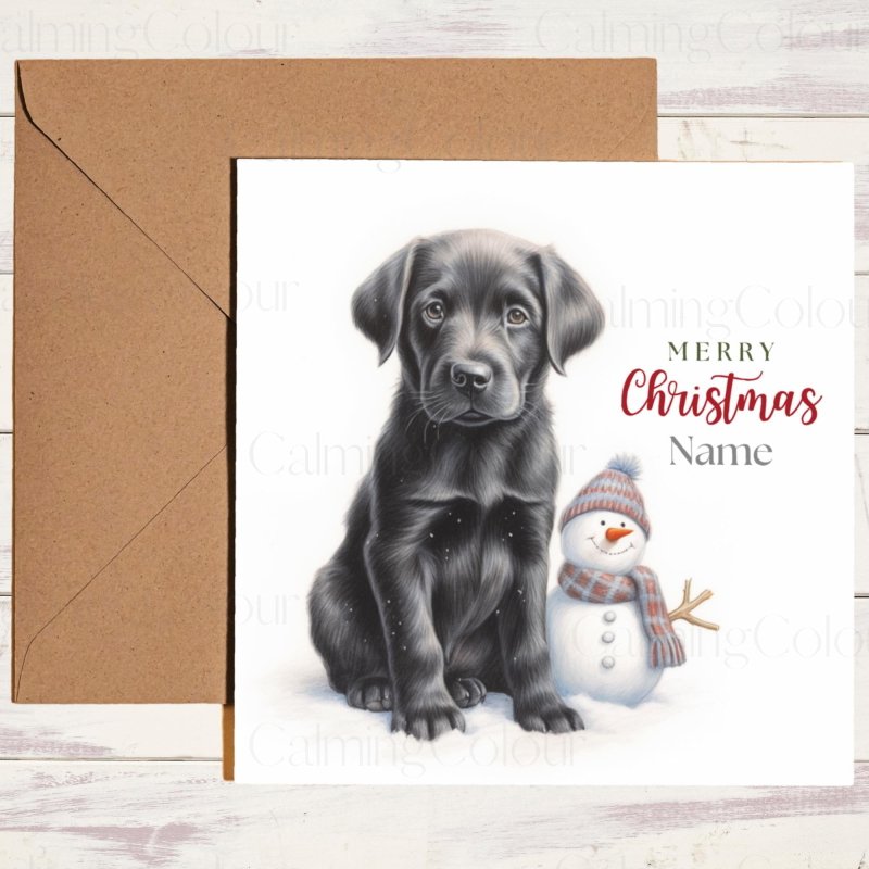 Black Labrador Puppy with Snowman | Christmas Card | Christmas Card