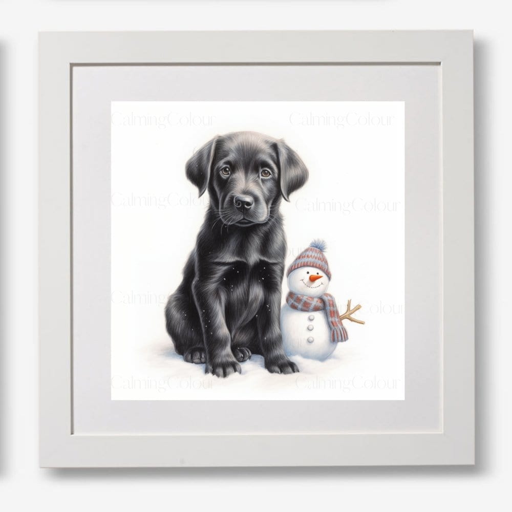 Black Labrador Puppy with Snowman | Framed Art Print | Artwork - Framed Print