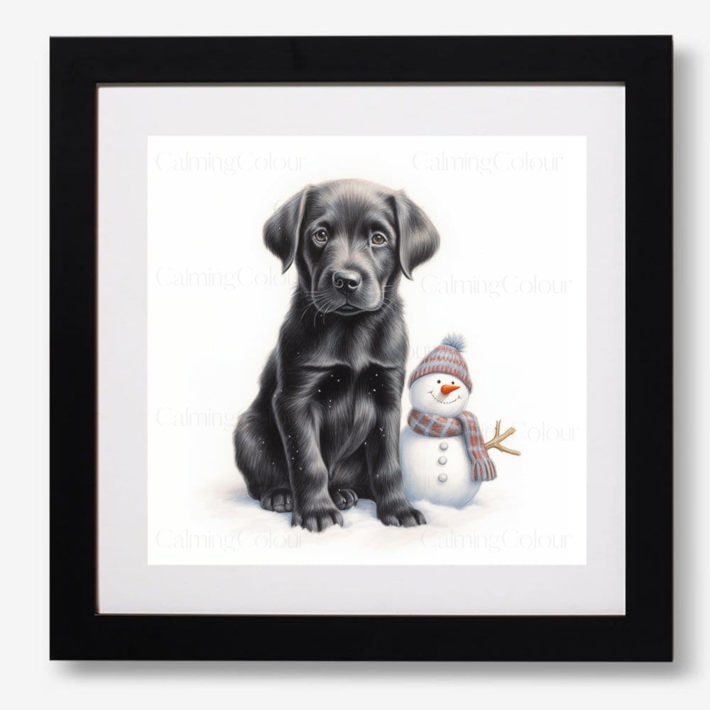 Black Labrador Puppy with Snowman | Framed Art Print | Artwork - Framed Print