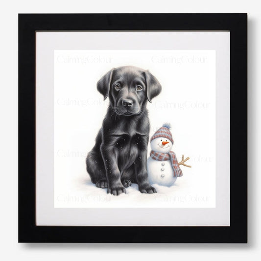 Black Labrador Puppy with Snowman | Framed Art Print | Artwork - Framed Print