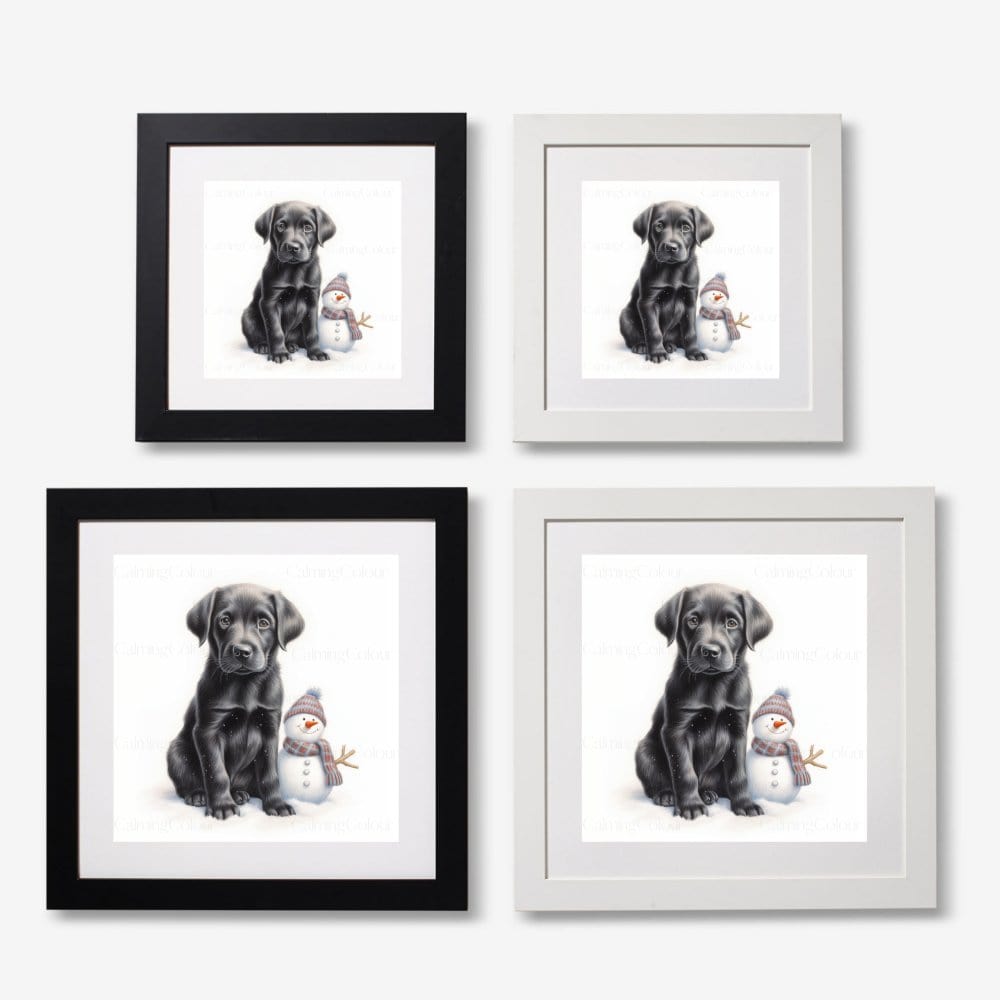 Black Labrador Puppy with Snowman | Framed Art Print | Artwork - Framed Print