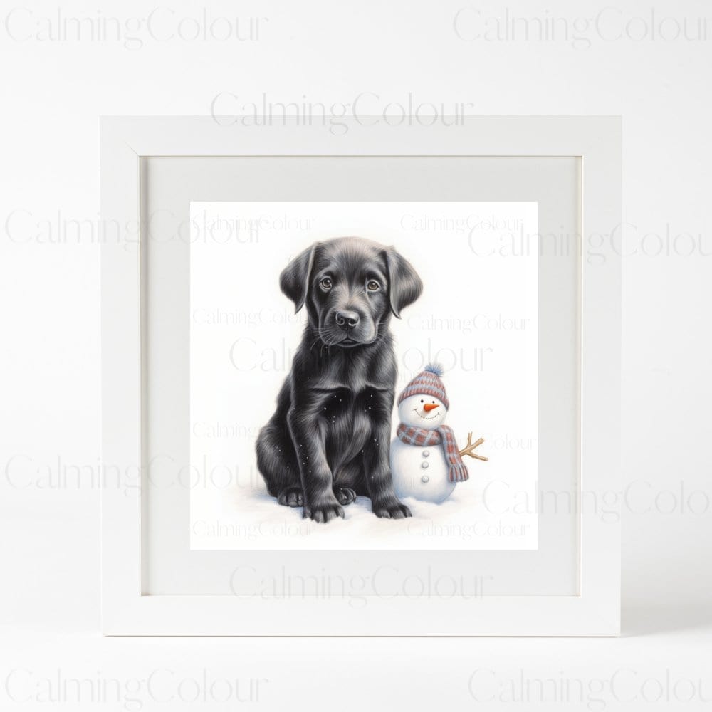 Black Labrador Puppy with Snowman | Framed Art Print | Artwork - Framed Print