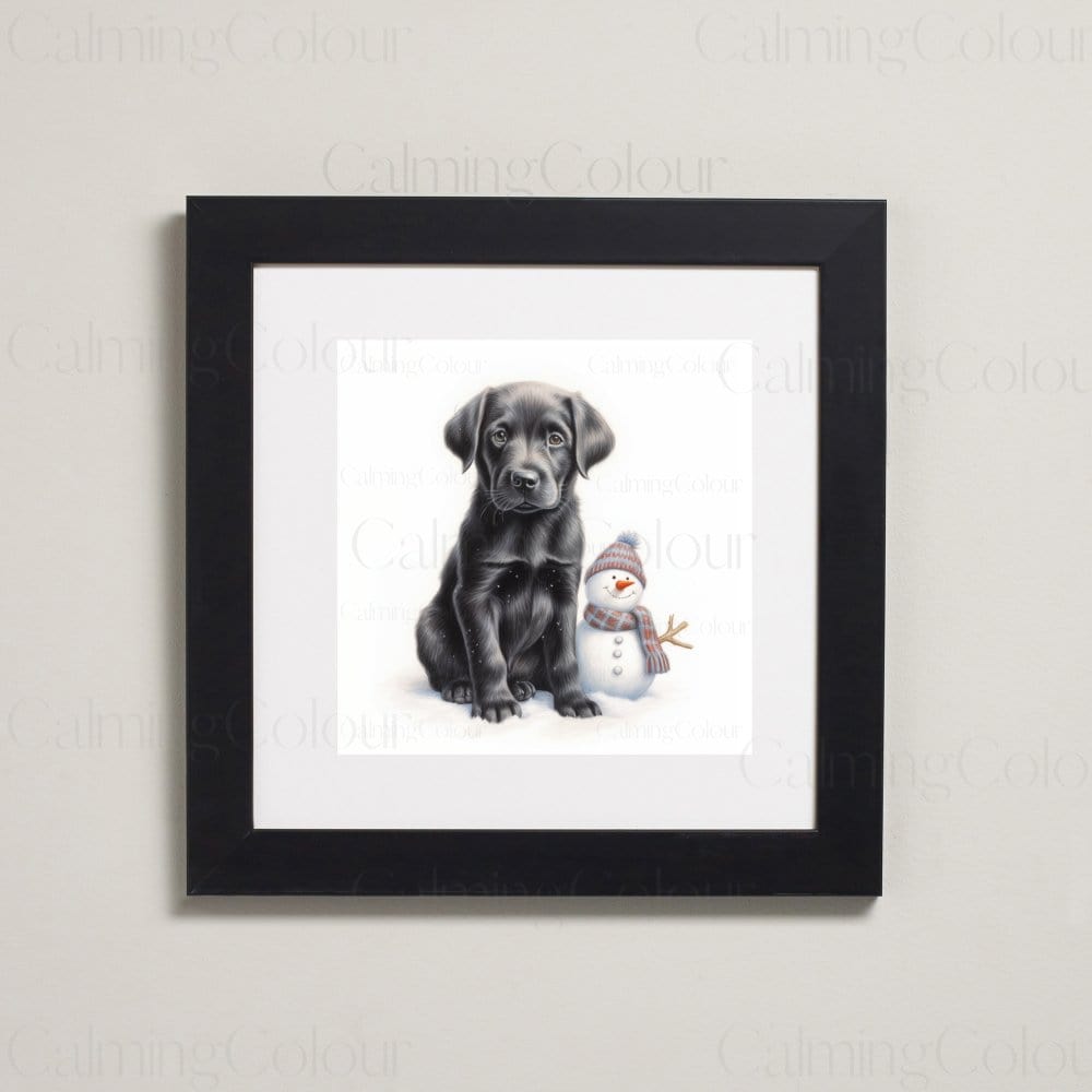 Black Labrador Puppy with Snowman | Framed Art Print | Artwork - Framed Print