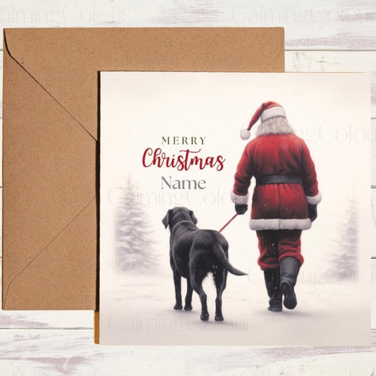 Black Labrador Walking with Santa | Christmas Card | Christmas Card