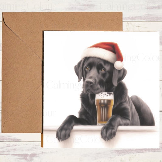 Black Labrador with Pint & Santa Hat | Christmas Card | Christmas Card