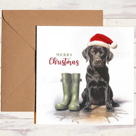 Black Labrador with Santa Hat and Wellies | Christmas Card | Christmas Card