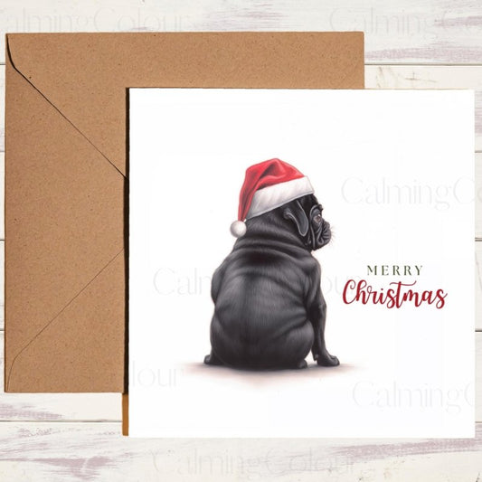 Black Pug Rear View in Santa Hat | Christmas Card | Christmas Card (Personalised)