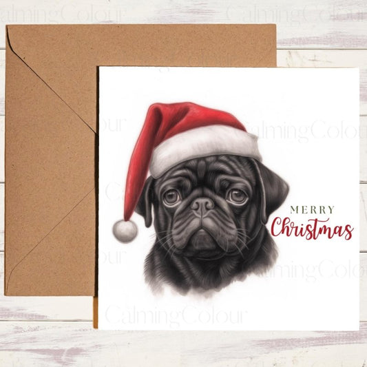 Black Pug | Wearing Santa Hat Christmas Card | Christmas Card